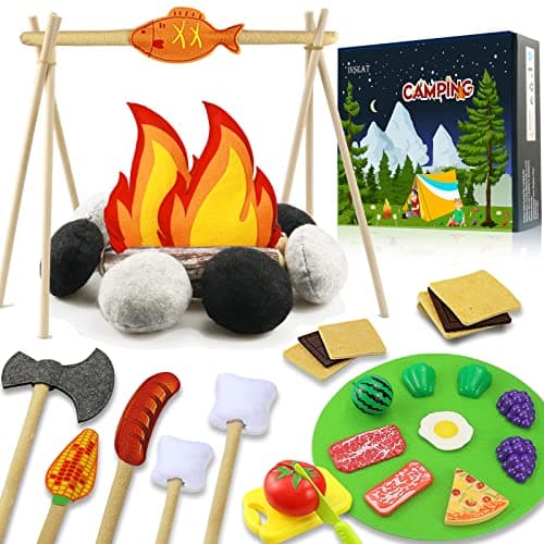 45 PCS Pretend Play Campfire Toy for Kids Toddler Camping Toys Play Set Felt Campfire Playset with Pretend Cutting Fruits Plush Fake Fire for Boys Girls Age 3 4 5 6 7