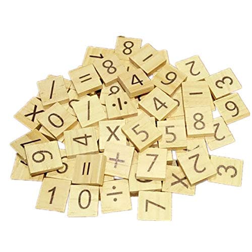 esowemsn 100pcs Wood Tiles Numbers and Symbols Wooden Pieces for Word Game Board of Education CraftsPendants