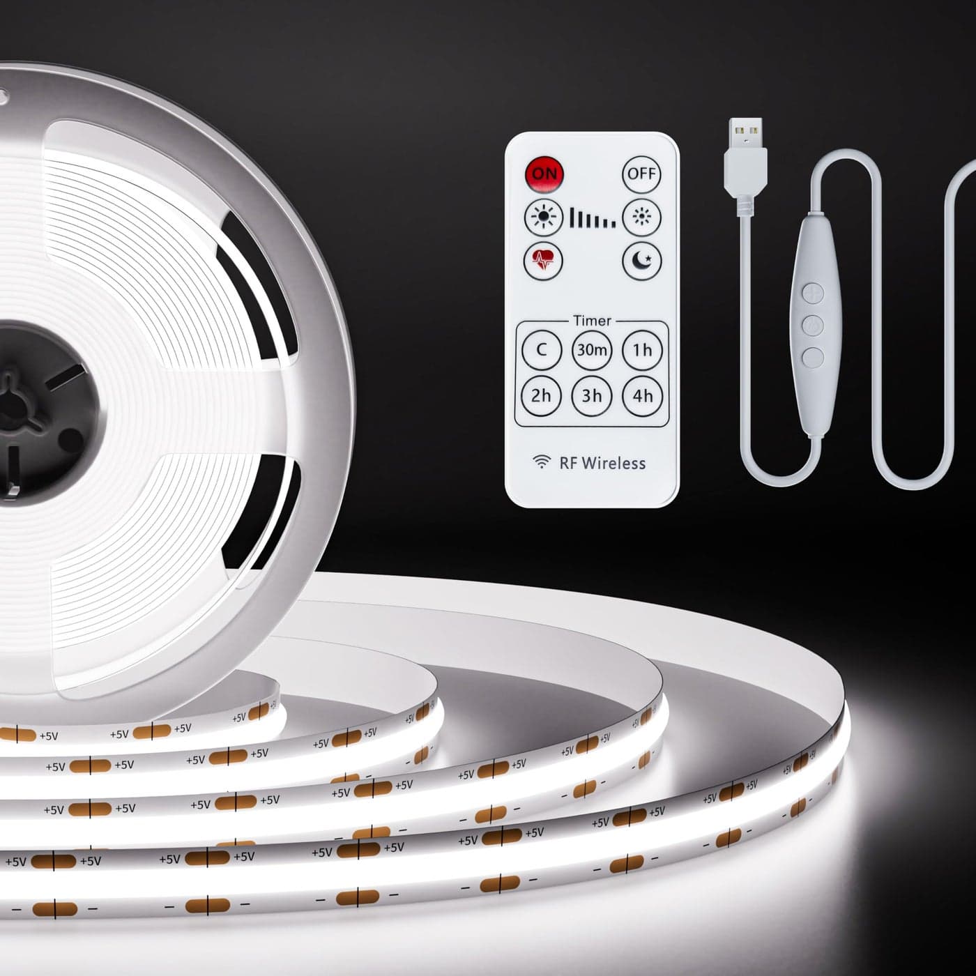PAUTIX 5V USB COB LED Strip Light 656ft2m 1200lm Dimmable 640LEDs 6000K Daylight White CRI90 with RF Remote TV BacklightFlexible Under Cabinet Tape Light for BedroomKitchenHome DIY Lighting