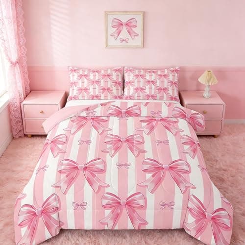 Feelyou Pink Bowknot Comforter Set,Dreamy Princess Bowknot Bedding Set Queen Size,Girls Bedroom Room Decor,Cute Bow Girly Comforter,Kawaii Geometric Bow-tie Bed Set for All Season