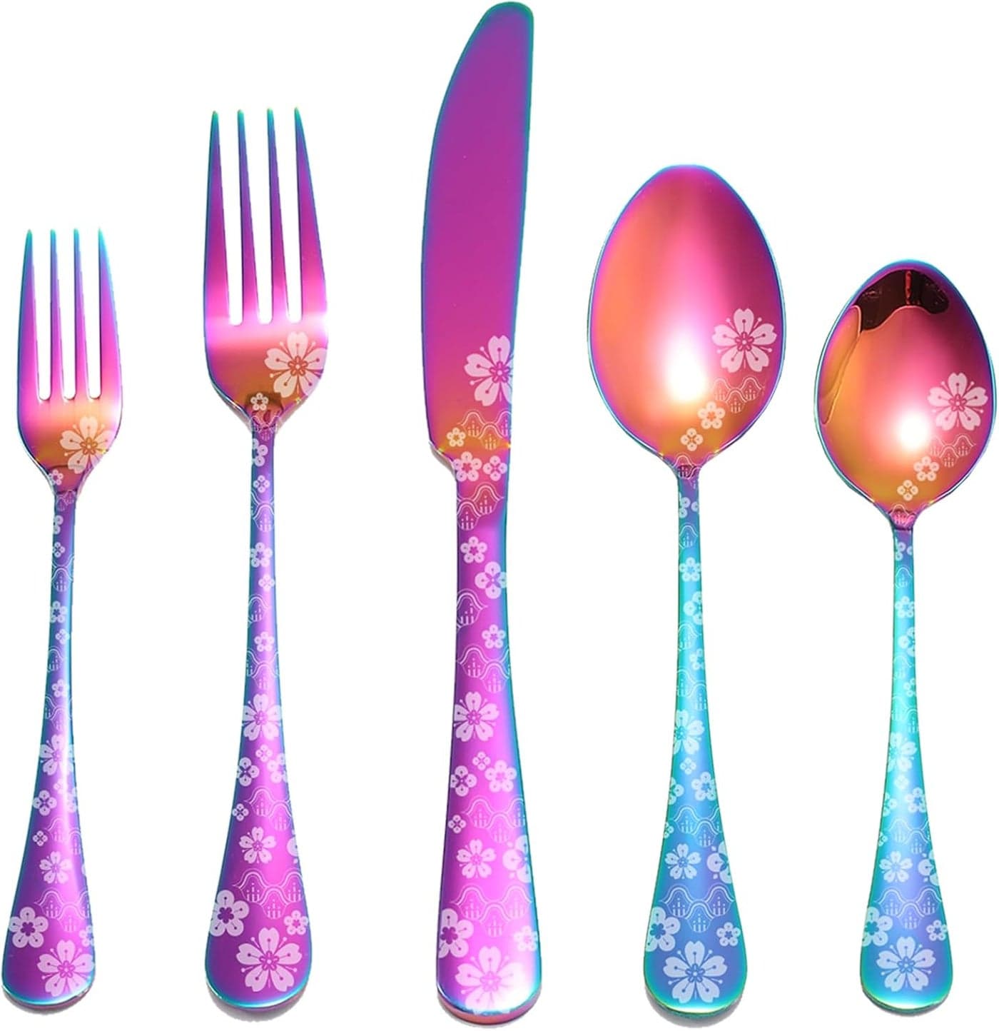Cherry Blossoms Cutlery Set 20 Pieces Stainless Steel Flatware Set Service for 4 Utensils For Home Kitchen Wedding Laser Engraved Dishwasher Safe All Rainbow