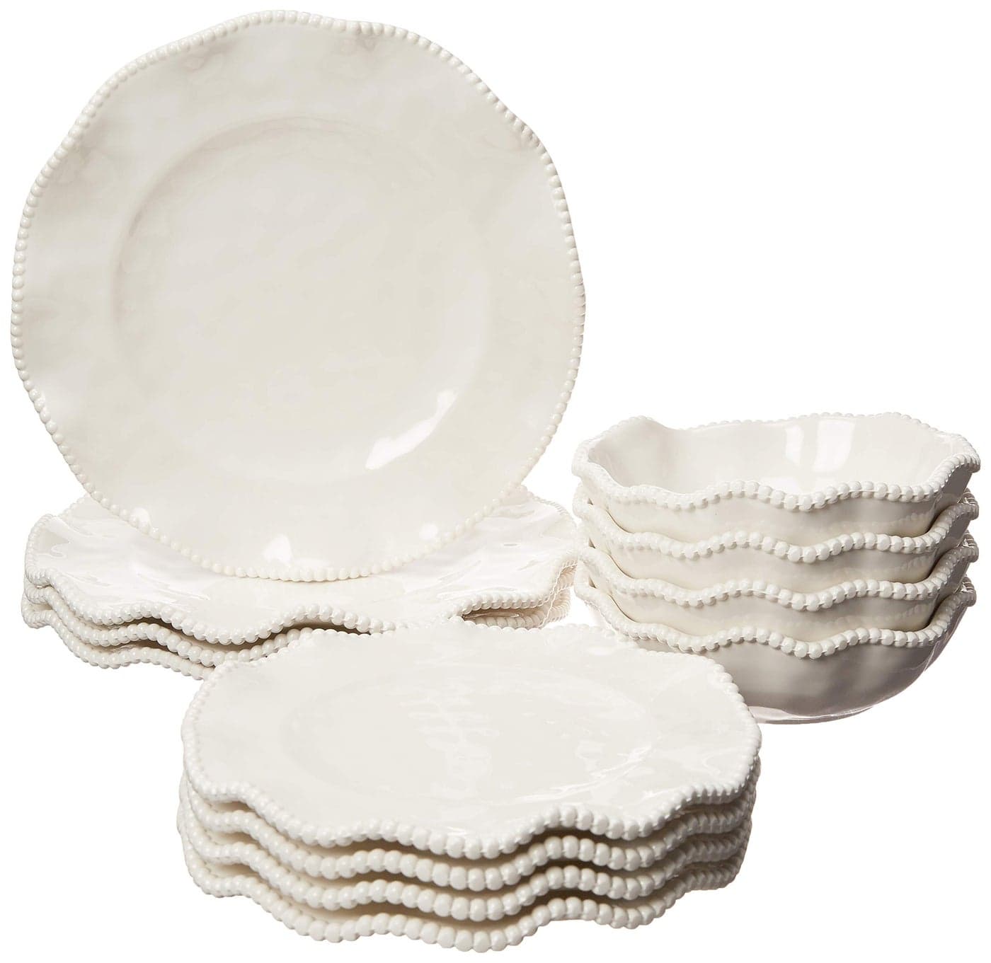 Perlette Cream Beaded 12Piece Dinnerware Set Includes 4 Dinner Plates 4 Salad Plates 4 Bowls 75 x 2 22 oz Elegant Unbreakable Melamine Heavyweight Perfect for IndoorOutdoor Dining