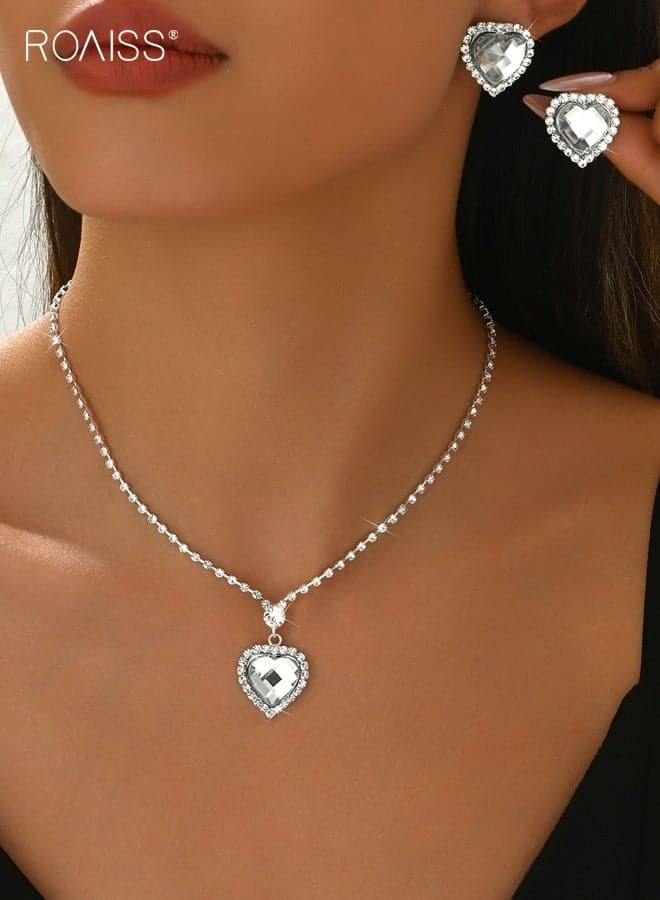 Heart Silver Jewelry Set, Rhinestone Necklace Earrings Sets, Prom Formal Bridal Wedding Jewelry Sets for Women and Brides