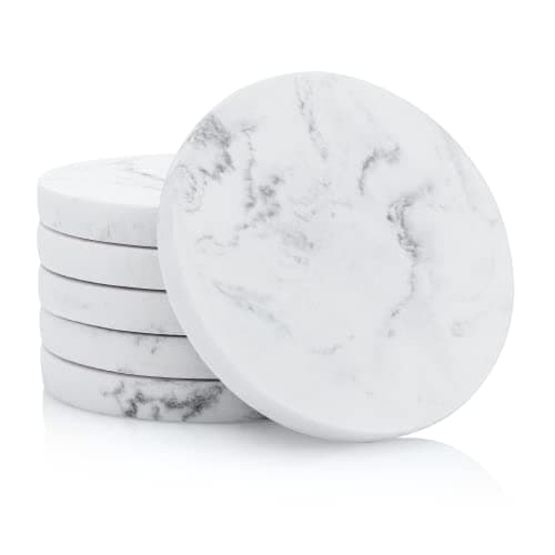 Essentra Home Set of 6 White Marble Coasters for Drinks, Soft Felt Bottom Protects Your Furniture from Scratches, Absorbent 4 Inch Coasters