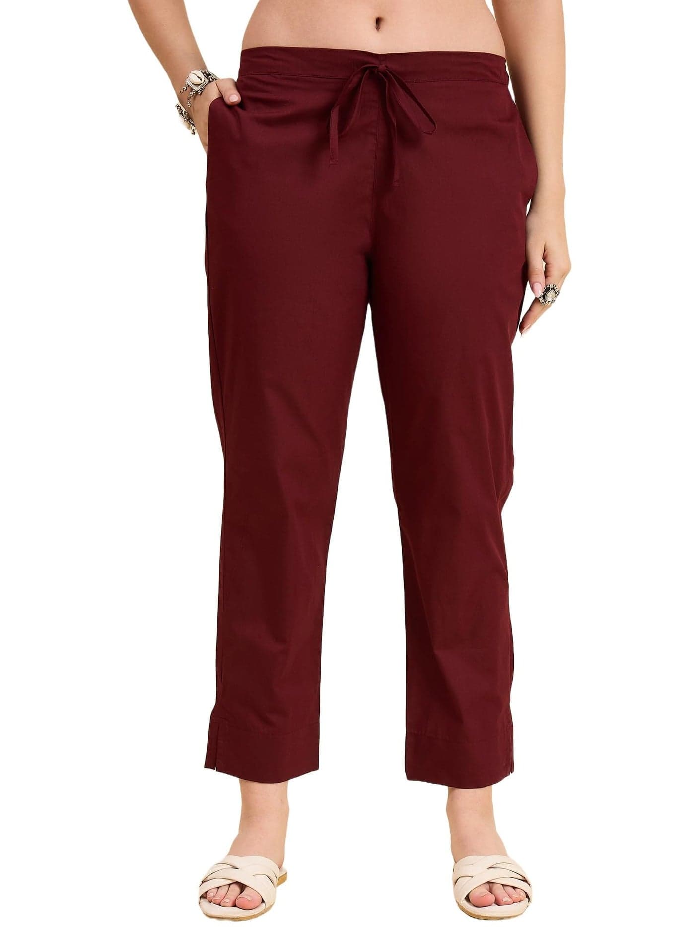 Nermosa Women Cotton Pant Elasticated Waist Regular Slim Fit Trouser, Pocket Pants for Office School Formal Casual Daily Use (in, Alpha, 2XL, Plus, Maroon)