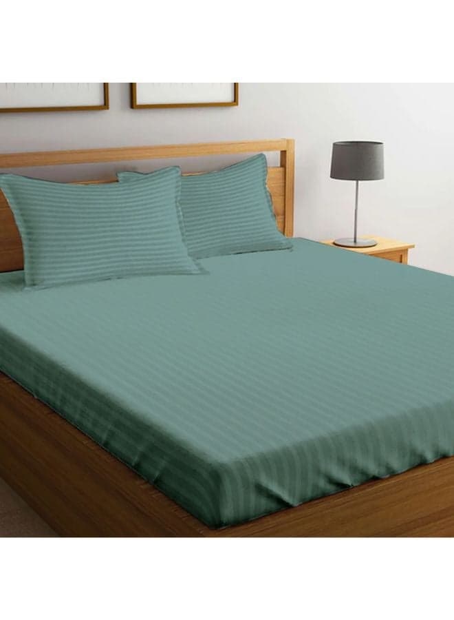 Tulip (Sea Green) Queen Size Fitted Sheet and Pillow Covers with 1 cm Satin Stripe (Set of 3 Pcs) 100% Cotton, Soft and Luxurious Hotel Quality Bed linen-300 TC