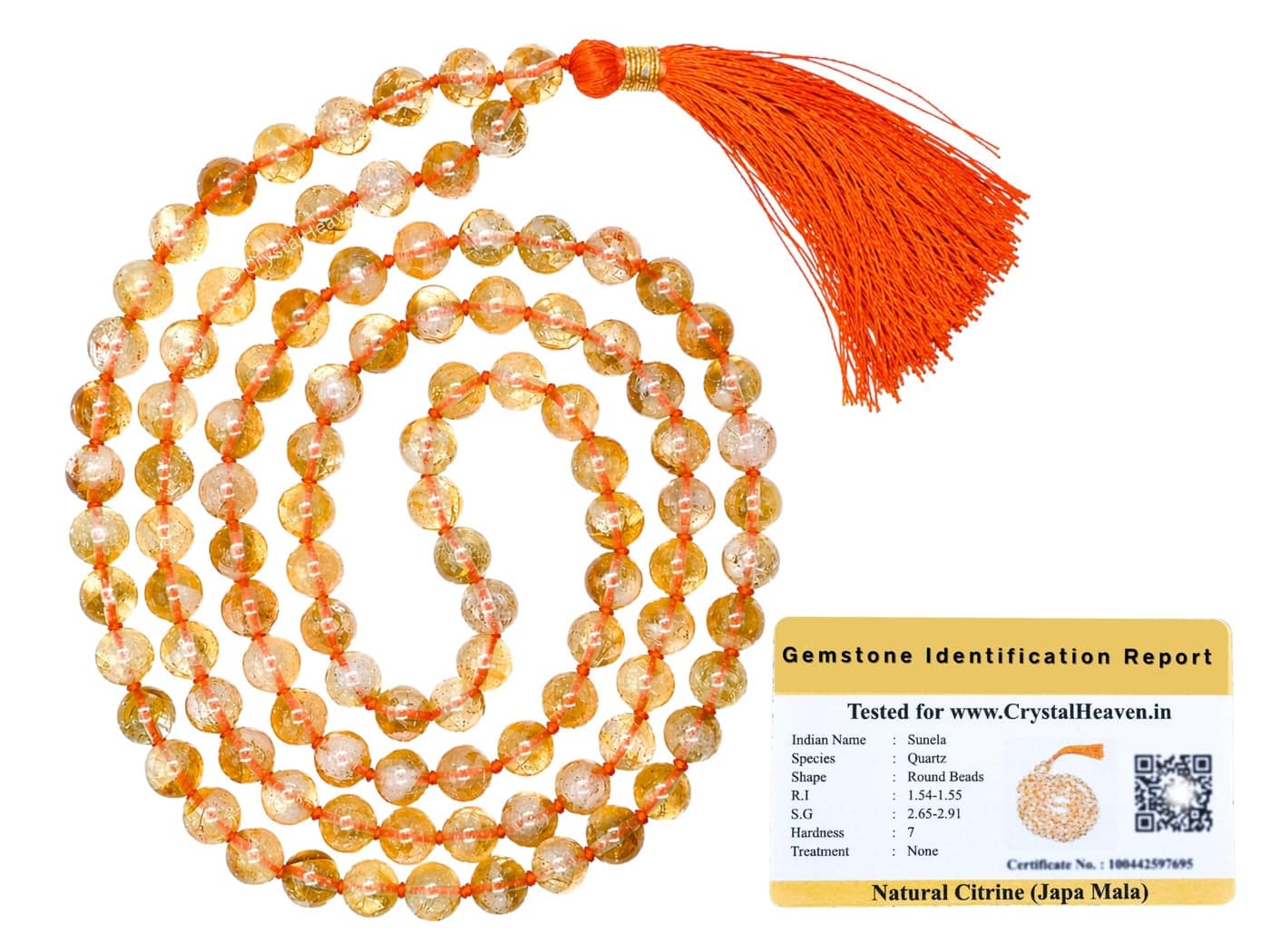 Certified Citrine Crystal Japa Mala Ganthi - 108 Beads Buddhist Prayer Beads - AAA Grade Original Healing Gemstone Agate Mala for Yoga Meditation Spiritual Reiki Feng Shui