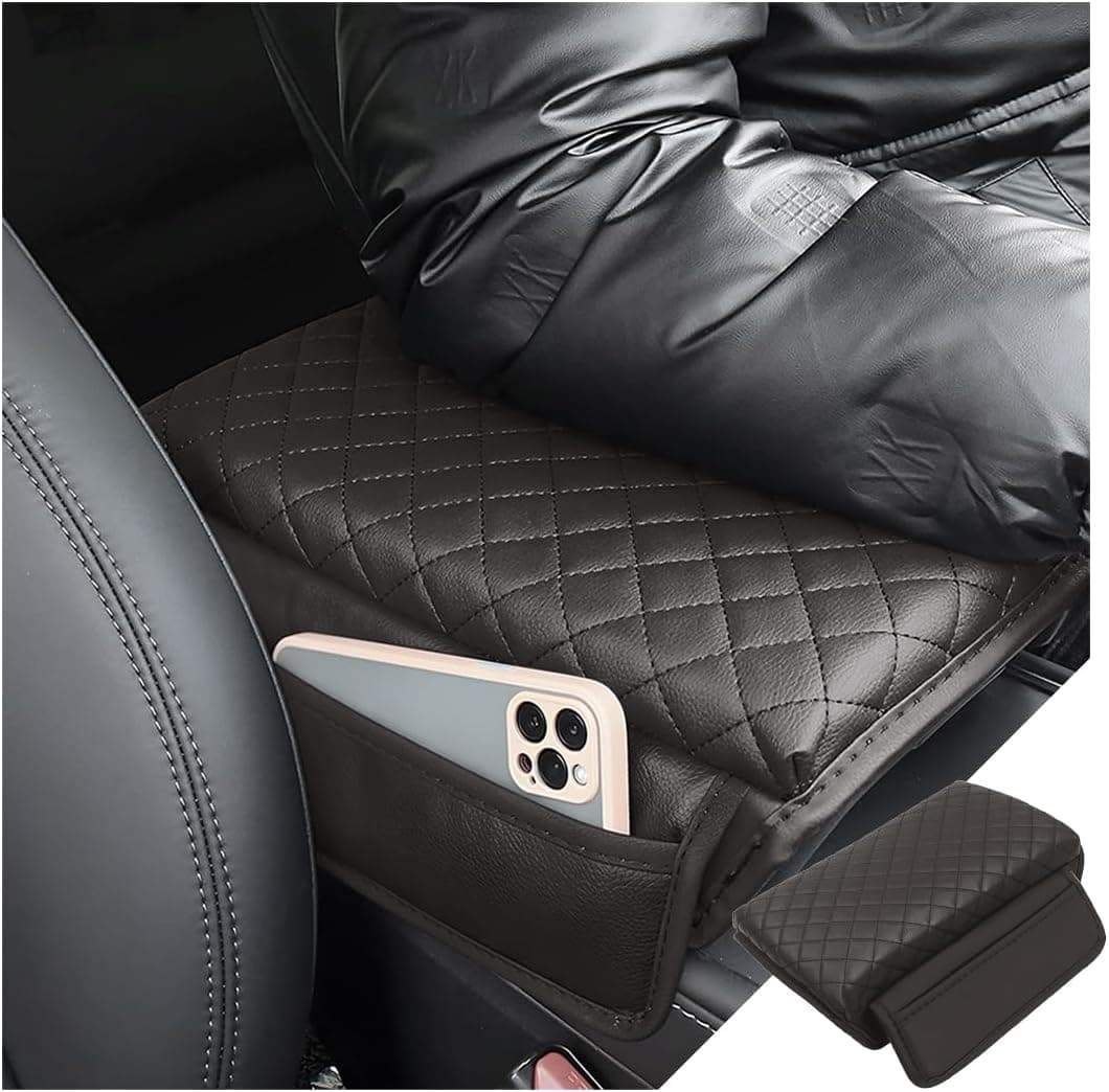 zipelo Car Armrest Cushion - Carbon Fiber Leather Center Console Pad with Memory Foam and Storage Pockets (Coffee)