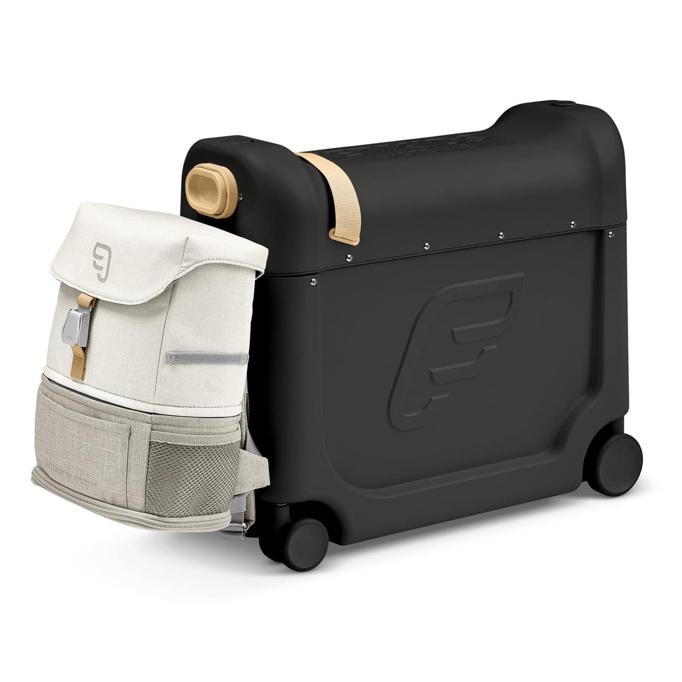 JetKids Stokke Travel Bundle Black Includes BedBox RideOn Suitcase Backpack Best for Kids 27 Years Old Up to 77 lbs
