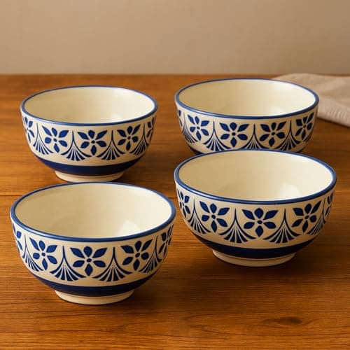 Handmade Ceramic Bowl Set of 4 Pcs - Each 250ml| Hand Painted Blue Floral Design Serving Snacks, Noodles/Maggie, Soup/Cereal Side Bowls Katori| Microwave & Dishwasher Safe Crockery Return Gift Items