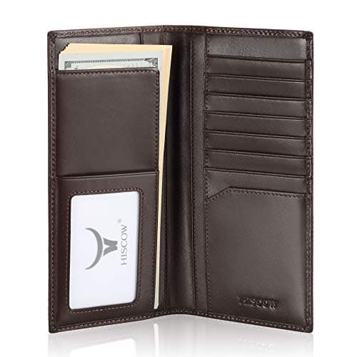 HISCOW Slim Leather Long Wallet for Men & Women, Italian Calfskin, Breast Pocket Wallet for Checkbook, Credit Cards (Coffee)