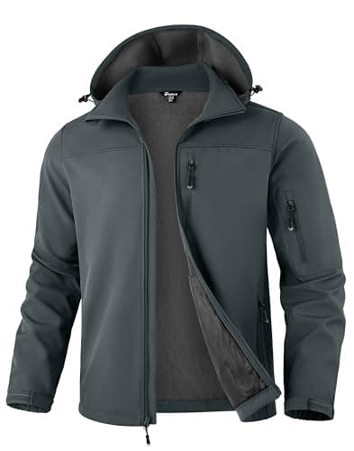 Pudolla Men's Softshell Jacket Fleece Lined Water Resistant Hooded Winter Coats for Men Outdoor Work Hiking with Pockets(Deep Grey X-Large)