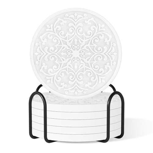 Drink Coasters, Coasters Set of 6 for Cup with Holder, Non-Slip Silicone Cup Mats for Hot and Cold Drinks, Cute Absorbent Coffee Bar Accessories Table Decor, White