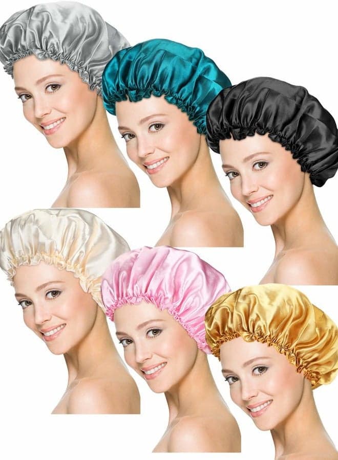 6 Pieces Sleep Cap Satin Bonnet Sleeping Hat Soft Elastic Night Hair Cover for Women Girls (Black, Beige, Silver, Gold, Pink, Peacock Blue)