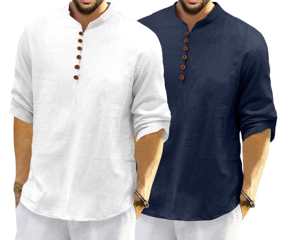 ROYALSCOUT Men's Cotton Polyester Blend Solid Regular Fit Full Sleeve Short Kurta | Ethnic, Lightweight Summer Kurta for Daily & Occasion Use White-Navy