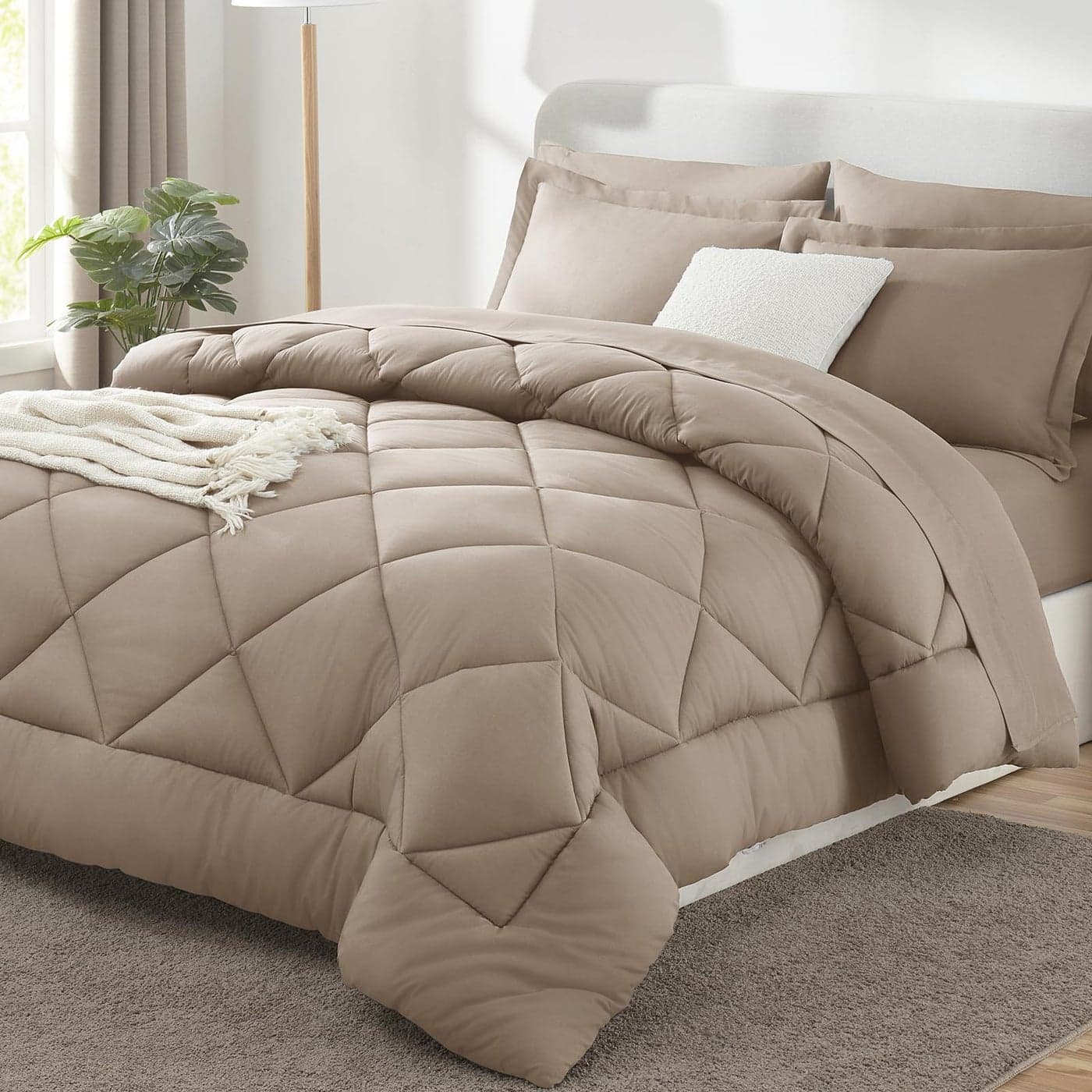 CozyLux King Size Comforter Set Khaki 7 Pieces Bed in a Bag King Luxury Soft Bed Set for All Seasons Bedding Set with Down Alternative Comforter Sheets Pillowcases Shams