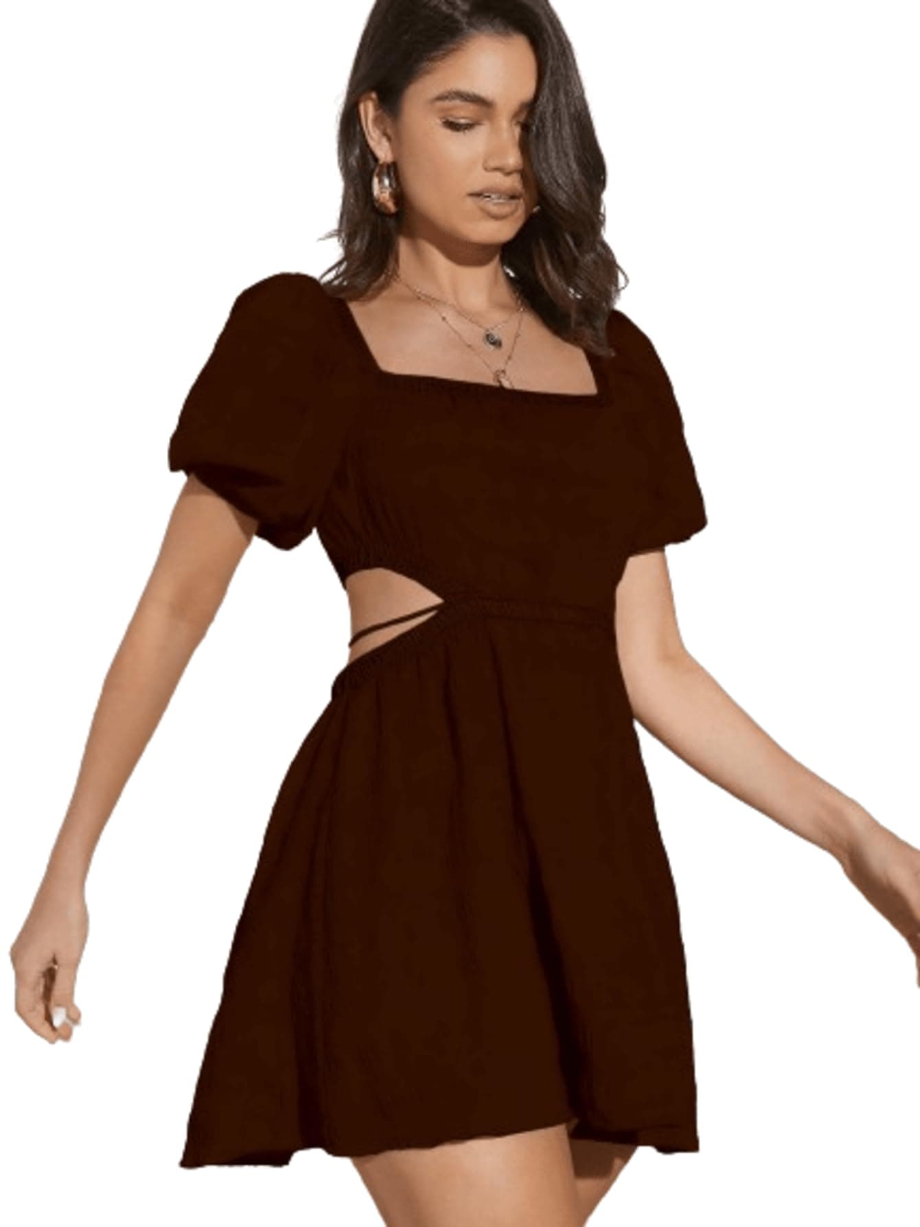 Aahwan Solid Summer Beach Square Neck Puff Sleeve Cut Out Waist Brown Mini Fit And Flare Dress for Women's & Girls (263-Brown-Small)