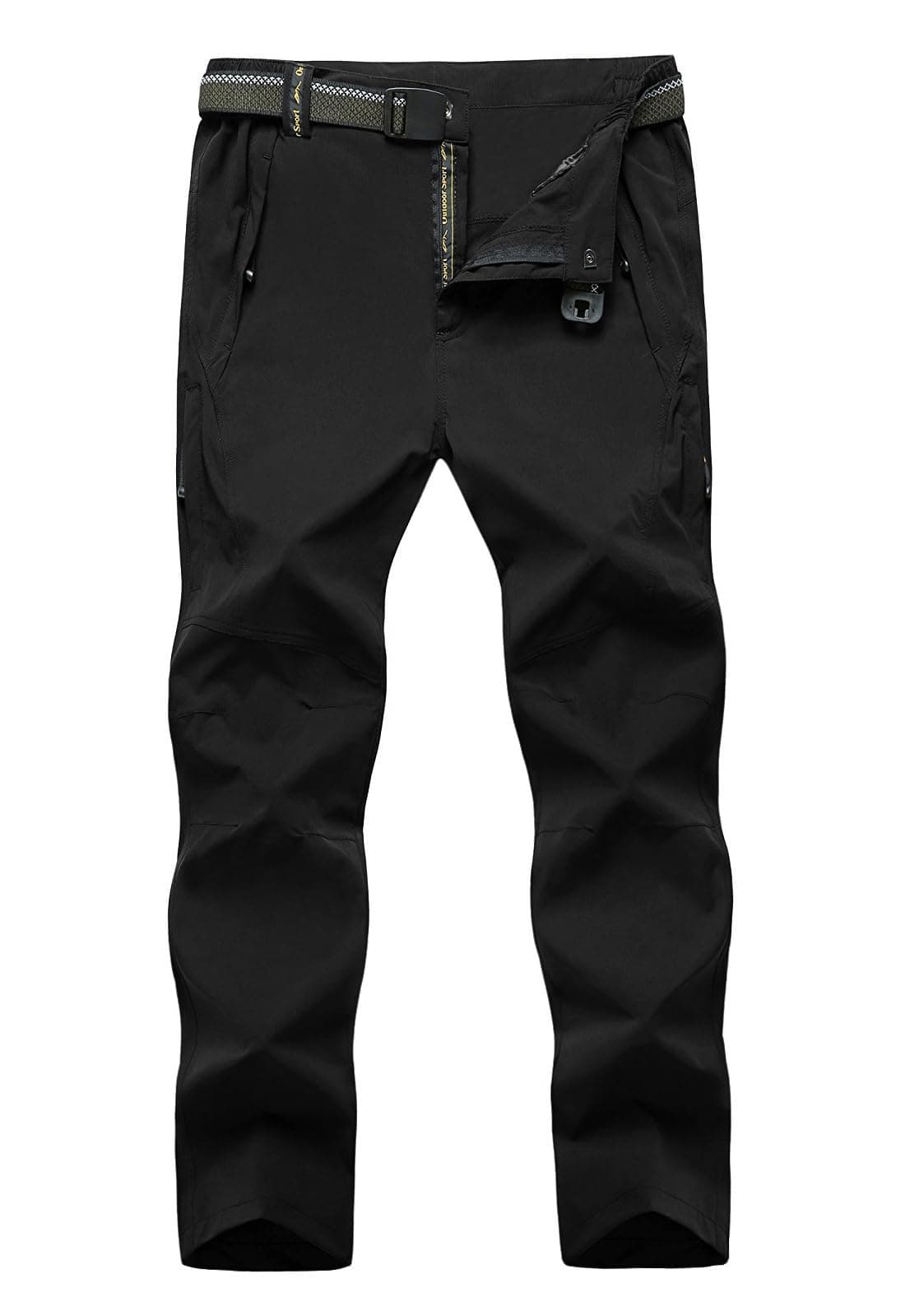 TBMPOY Mens Lightweight Hiking Pants with Belt 5 Zip Pockets Waterproof QuickDry Travel Fishing Work Outdoor Pants Thin Black L
