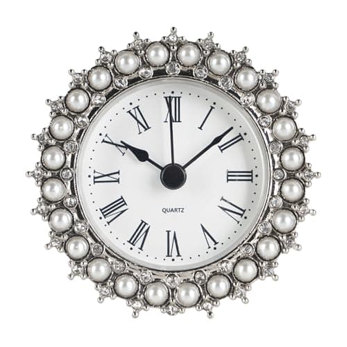 NIKKY HOME Small Table Clock with Faux Pearls Battery Operated for Living Room Decor Desk Shelf 3'', White