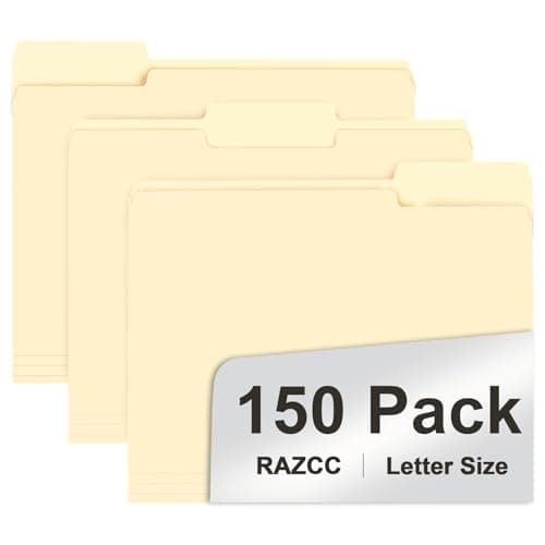 File Folder, RAZCC 150 Pack 1/3 Cut Tab File Folders Letter Size, Manila Folders, Folders with Tab, Great for Organizing and Easy File Storage