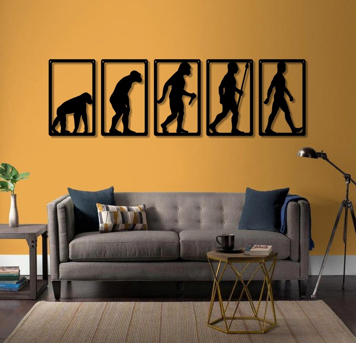 AD INFINITUM® Wooden Wall Art Hanging | Black Designed Wooden Decor Sculptures | Black Wall Art Decoration for Contemporary Home, Bedroom, Living Room, Office etc. (Human Evolution, Set of 5)