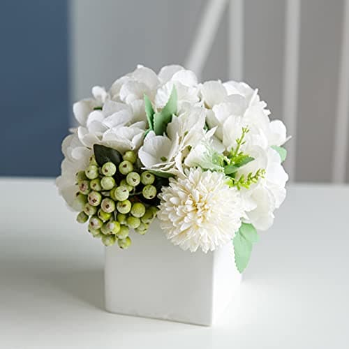 LADADA Artificial Hydrangea Plant in Ceramic Vase 1 White Flower Home Decoration