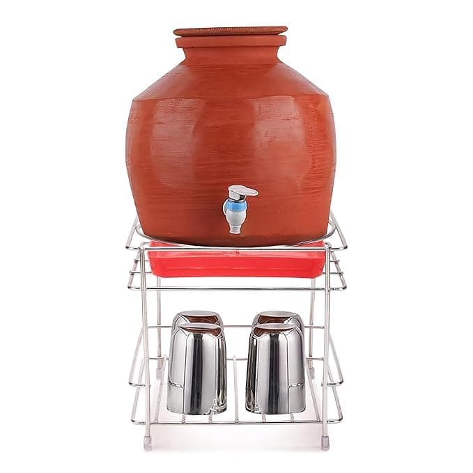 CR18 COLLECTION Round Surface Matka Stand for Water Pot|Pot Stand for kitchen utensils Heavy Stainless Steel Matka Stand,2-Tier Water Pot Stand with Glass Holder,Free Standing,Storage Rack