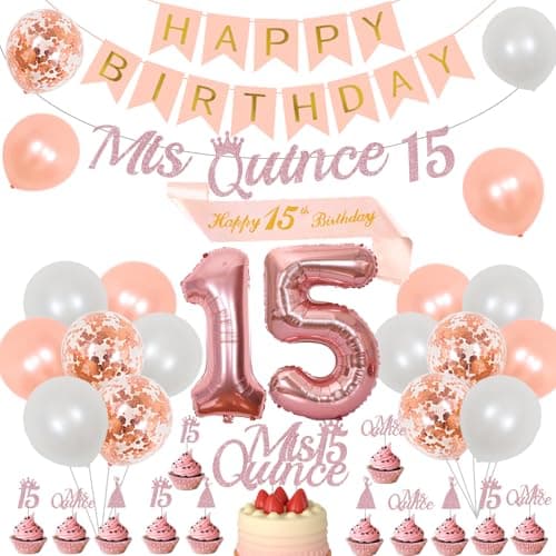 Cheereveal 15th Birthday Decorations for Girls Rose Gold Mis Quince 15 Banner Cake Topper Quinceanera Decor Cheers to 15 Years Decorations Number 15 Foil Balloon for Fifteen Birthday Party