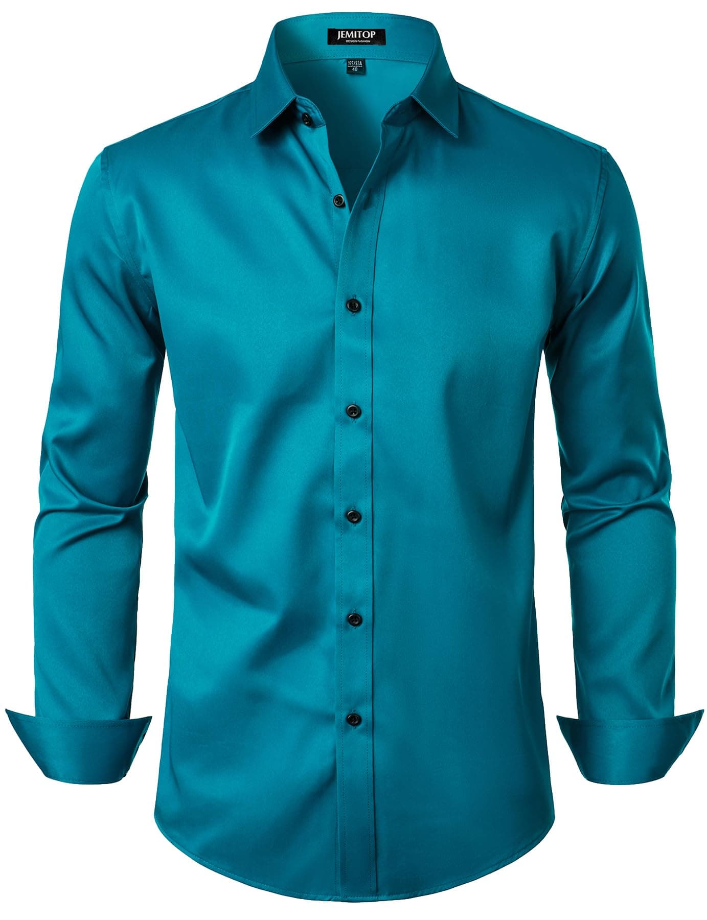 JEMITOP Men's Stretch Wrinkle Free Dress Shirts Formal Wedding Prom Long Sleeve Slim Fit Button Down Shirt Teal L