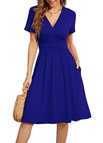 WEACZZY Casual Dresses for Women Wrap V Neck Party Work Dress Short Sleeve Empire Waist Knee Length Flowy Dresses,Royal Blue,XXL