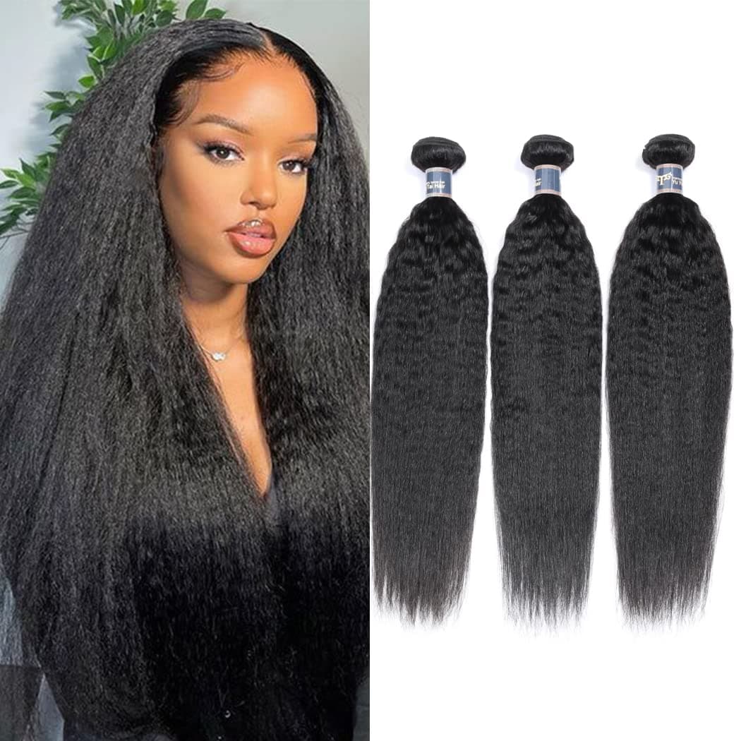 Kinky Straight Hair 3 Bundles 14 16 18 Inch 100 Unprocessed Brazilian Yaki Straight Bundles Human Hair Weave Extensions 1B Color Kinky Straight Human Hair for Women
