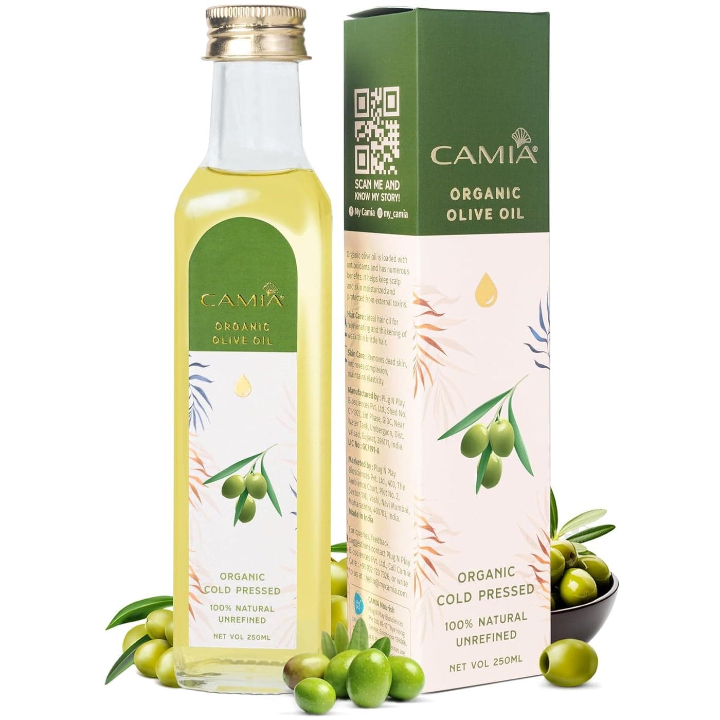 CAMIA Organic Cold Pressed Olive Oil for Skin Hair Natural Skincare Hair Treatment Strengthen Hair Roots Deeply Moisturizes Skin 250 ML Glass Bottle