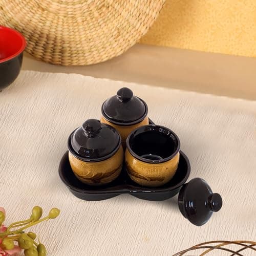 Xtore Ceramic Pickle Jar Set For Dining Table With Tray and Lid (Pack of 1, Brown)