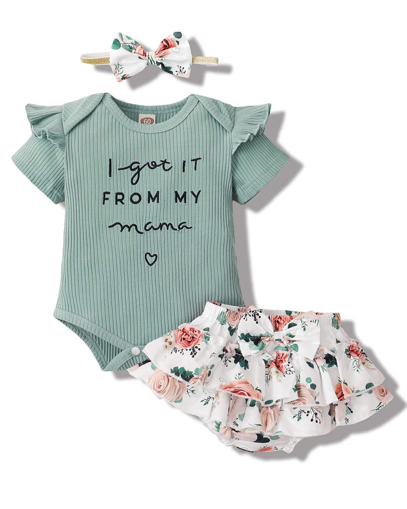 Mioglrie Newborn Baby Girl Clothes Romper Shorts Set Summer Clothes for Baby Girl Floral Infant Girl Clothes Ruffle Baby Girls' Clothing Light Green Baby Girl Clothes 3-6 Months