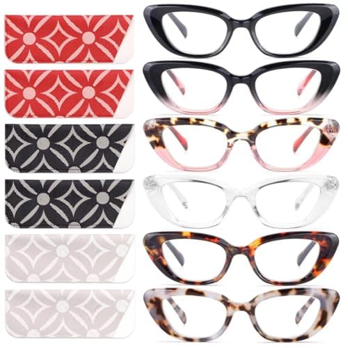 CHOFILORD 6 Pack Cat Eye Reading Glasses for Women Fashion Cute Blue Light Blocking Computer Readers Spring Hinge (Colorful-B, 1.5, x)