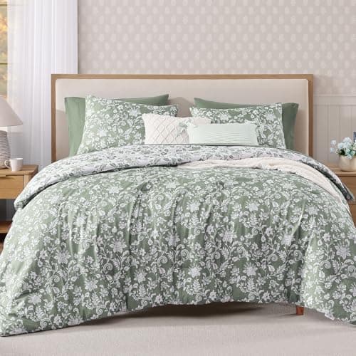 BLOOMHAVEN Full Comforter Set -7 Pieces Floral Grey Green Comforter Set for All Seasons, Bed in a Bag Full with Botanical Flowers Comforter, Sheets, Pillowcases & Shams