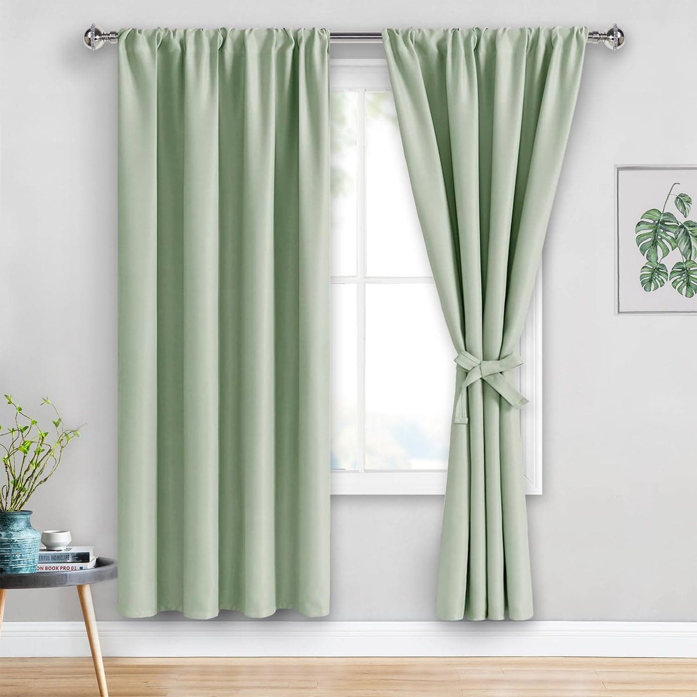 JIUZHEN Blackout Curtains for Bedroom Thermal InsulatedNoise Reducing Room Darkening Rod Pocket Curtains for Living Room Set of 2 Panels with Tiebacks 42 x 72 inch Long Light Green