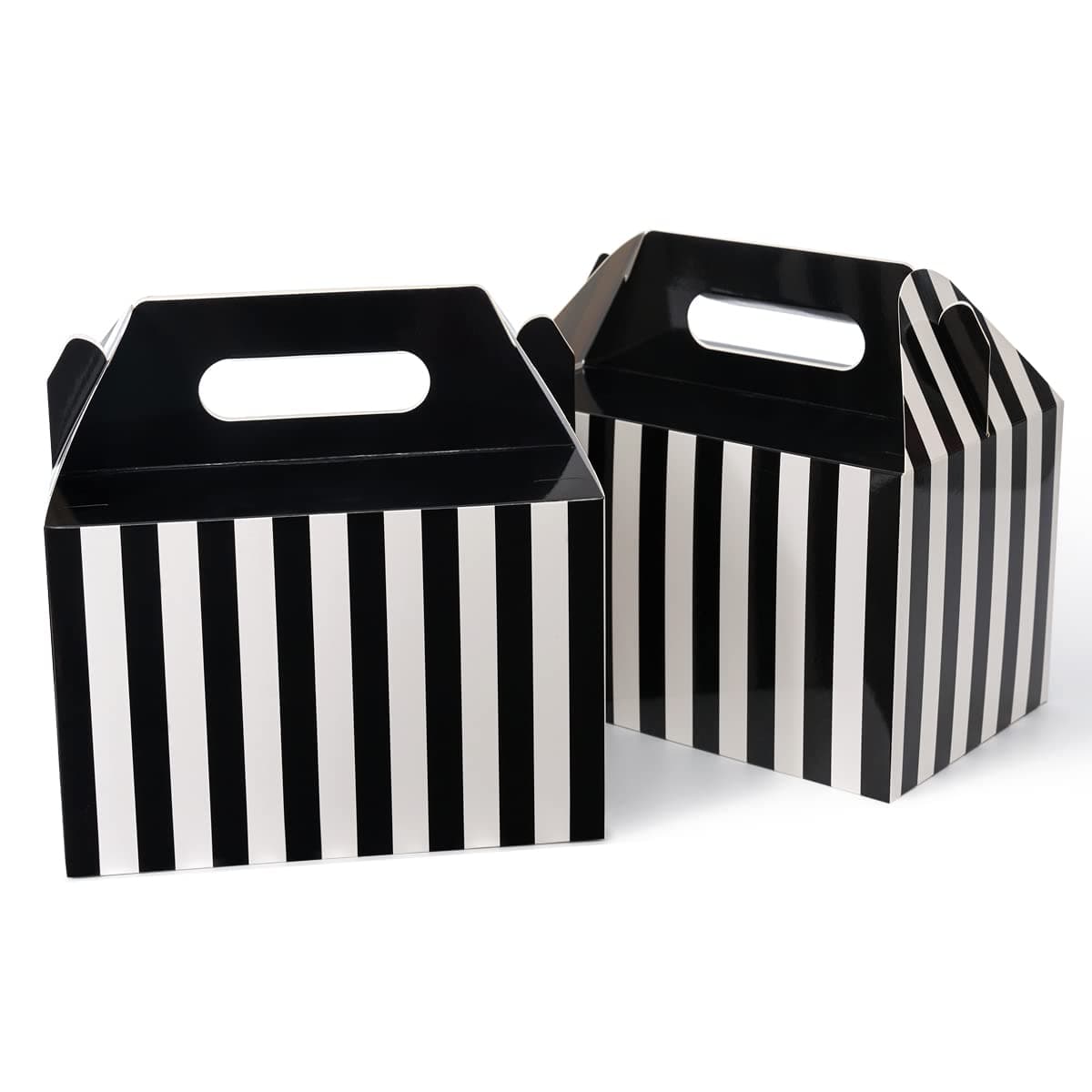 Happyhiram 30 Pcs Large Treat Boxes with Handles Black and White Stripes 9x6x6 Gable Gift Boxes Barn Carry Out Box Recyclable Paper Packaging for Graduation Lunch