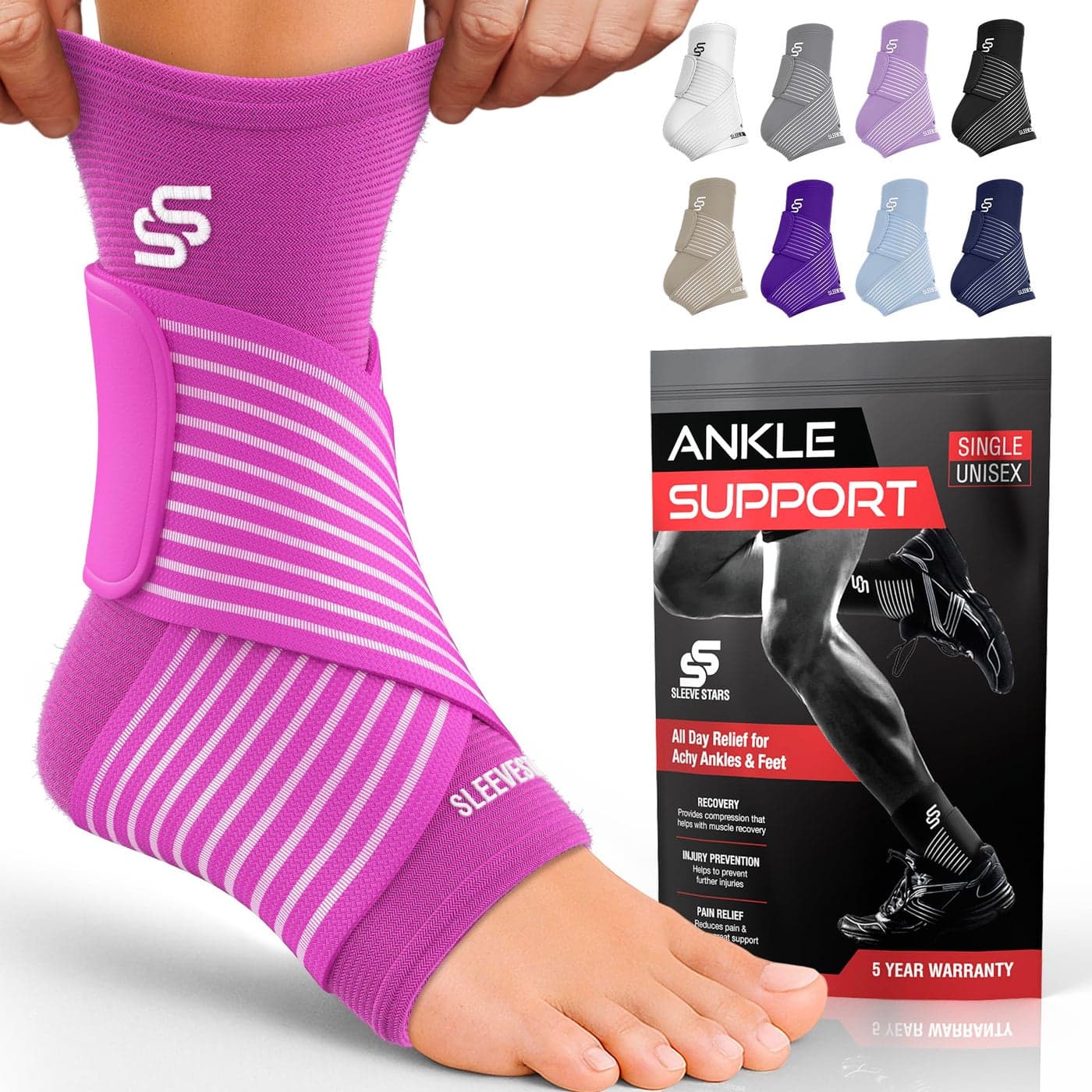 Sleeve Stars Ankle Brace for Women Men Ankle Wrap for Sprain Compression Sleeve for Plantar Fasciitis Relief Easy Customizable Support w Removable Strap PairM1012Hot Pink