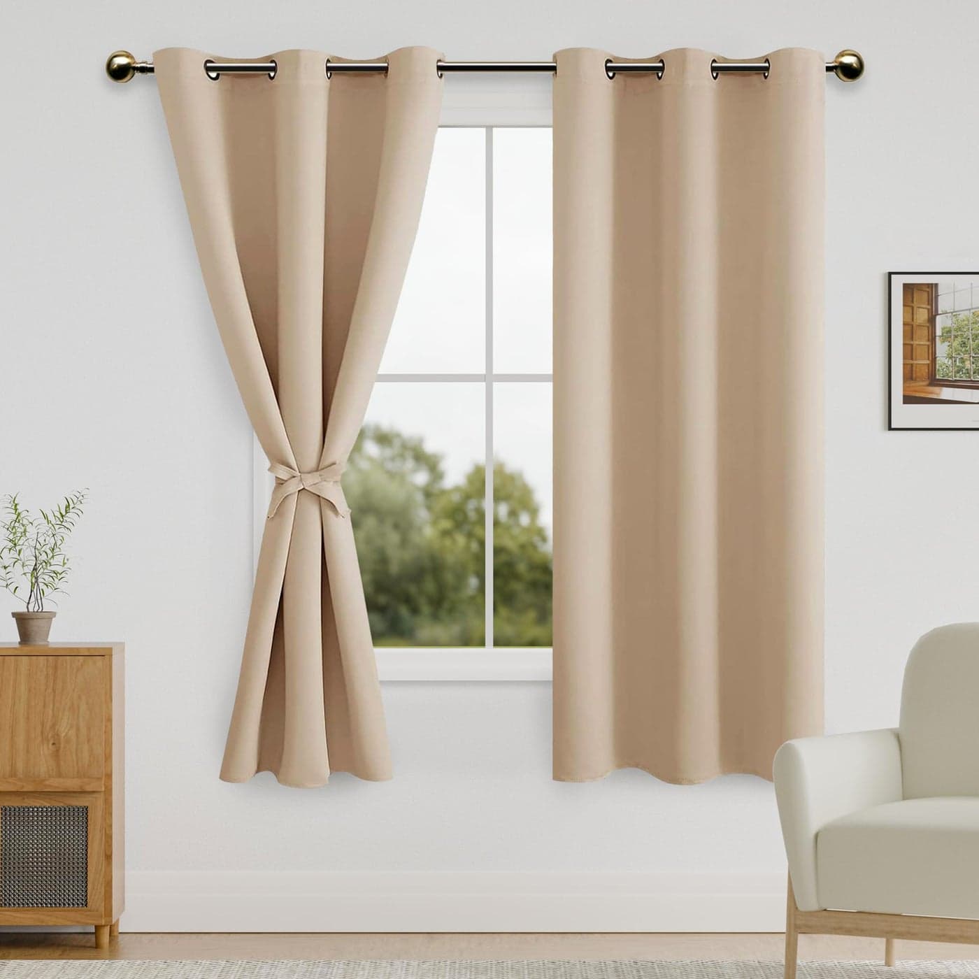 DWCN Blackout Curtains for Bedroom with Tiebacks Room Darkening Privacy Grommet Top Window Curtains for Living Room 42 x 63 inch Length Beige Set of 2