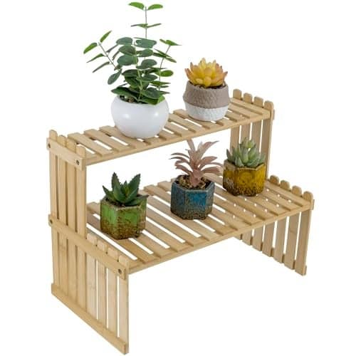 MyGift Natural Bamboo Indoor Plant Stand for Desk 2 Tier Desktop Shelf Organizer Rack with 2 Slatted Shelves