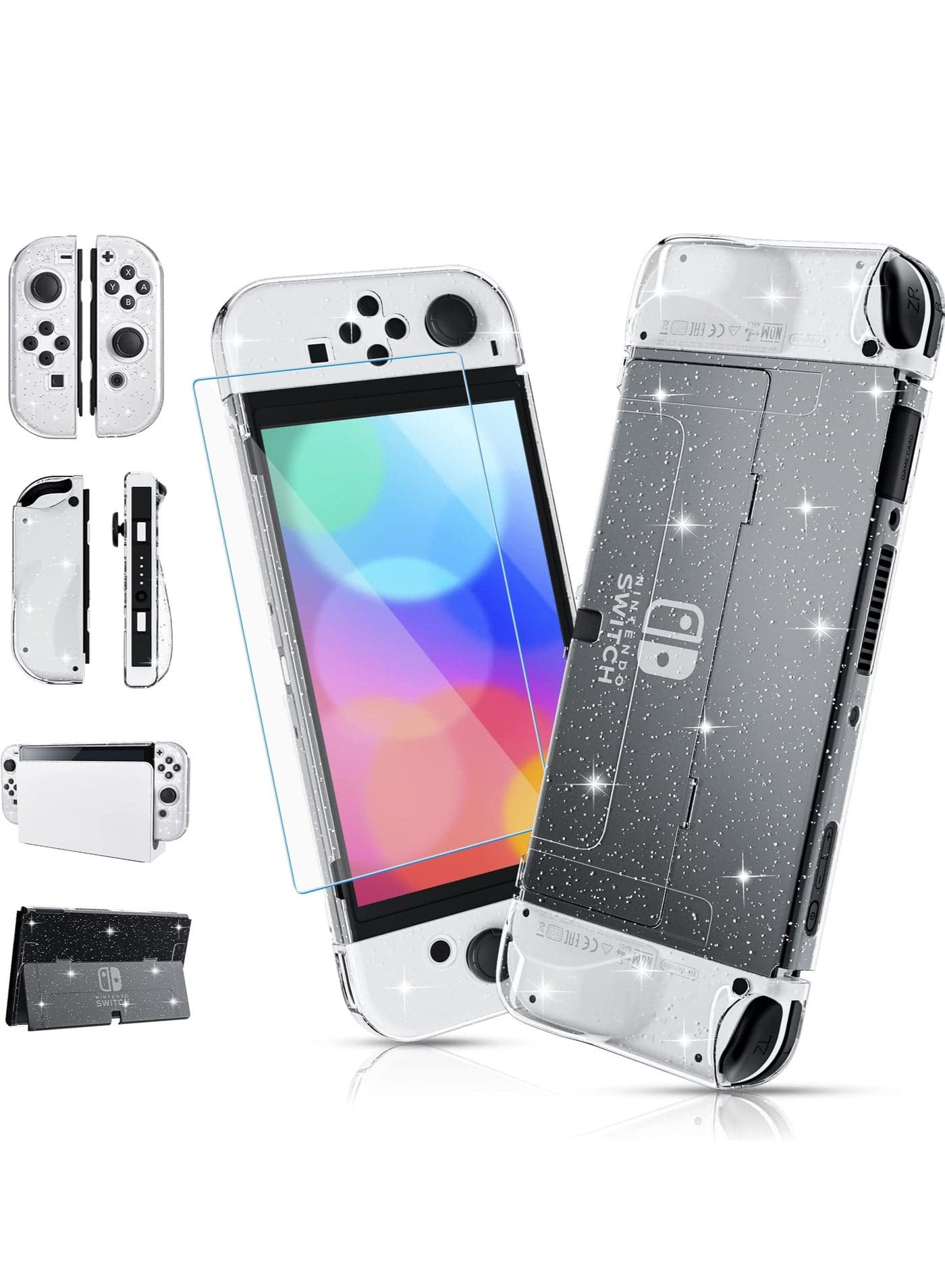Glitter Protective Case Suitable for Nintendo Switch OLED Console PC Material Shock Resistant and Scratch Resistant with 1 Piece Screen Glass Film