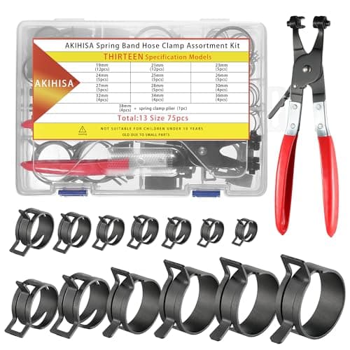 AKIHISA 75Pcs 19-38mm Spring Band Hose Clamp Assortment Kit with Hose Clamp Pliers, 13 Sizes Spring Hose Clip Fuel Line Silicone Vacuum Hose Pipe Clamp, Air Hose Tube Water Pipe Fasteners