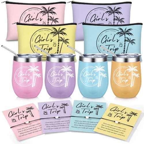 LemonRoad 12 Pcs Girls Trip Gifts Set Include Girl Trip Tumblers Makeup Bags Heart-shaped Bracelets and Cards for Girls Weekend Sisters Bestie Bachelorette Travel Vacation Party Favors