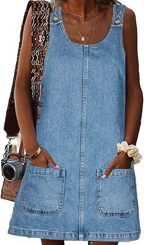 BZB Women's Sleeveless Casual Denim Dress Crewneck Vintage Loose Overall Mini Dress with Pockets Blue