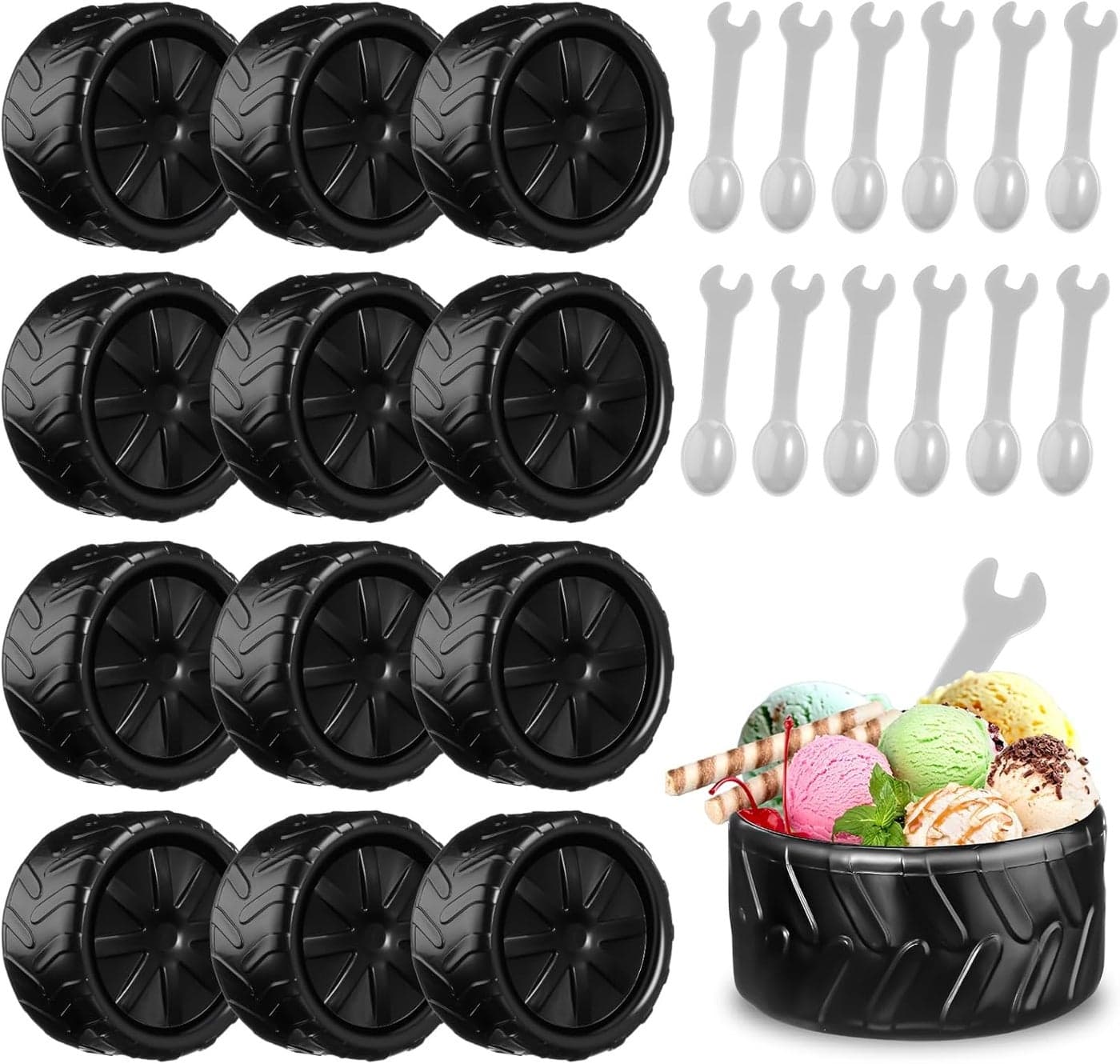 Uiifan 12 Sets Truck Wheel Ice Cream Bowls Spoon Set Plastic Race Car Party Frozen Yogurt Cups with Spoons Sturdy Truck Wheel Ice Cream for Race Car Theme Party Favor Kids Gift