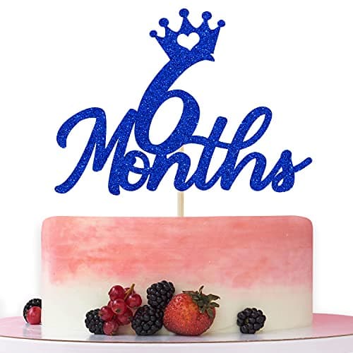 Blue Glitter 6 Months Cake Topper for Babys Half Year Old Birthday Party 12 Birthday First Birthday Baby Shower Half Year Anniversary Party Decorations