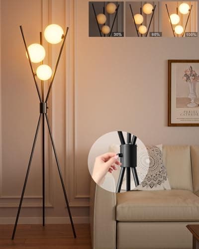 ACOHOOK 3 Globe Dimmable Tripod Floor Lamp Mid Century Standing Lamps with 3Pcs 3000K Bulbs Included Modern Tall Lamp for Living Room Bedroom OfficeBlack