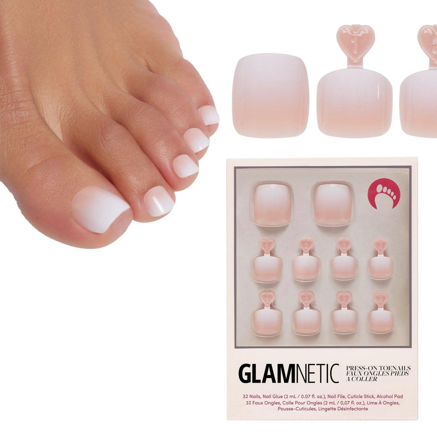 Glamnetic Press On Toenails Creamer Neutral Nude and White Ombre Fake Toe Nails with a Glossy Finish 16 Sizes 32 Toe Nail Kit with Glue