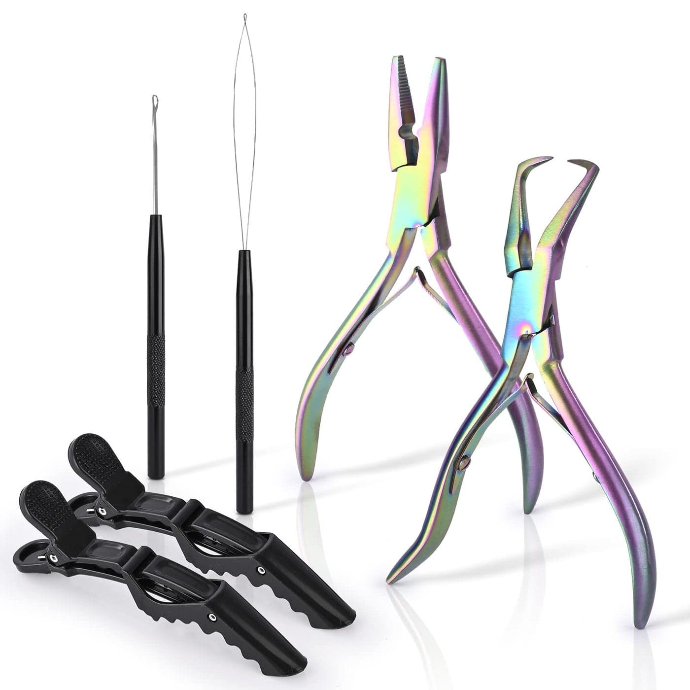 EHDIS Hair Extension Beading Tool Kit Stainless Steel Hair Extensions Micro link Bead Closer and Remover Pliers set Beads Hair Pulling Hook Micro Ring Loop Tool Set